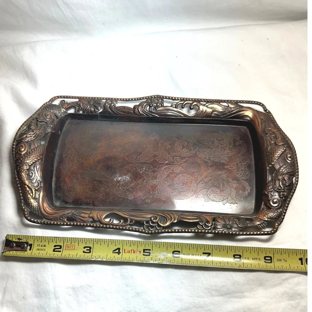 Vintage Dragon Metal Tray Copper Tone Good Ornate Embossed Chinoiserie 9.5in